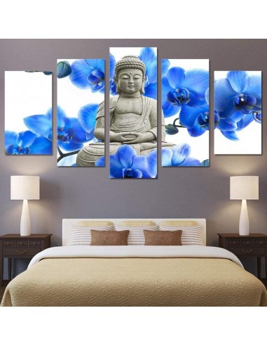 Tableau Bouddha, fleurs bleues Pour